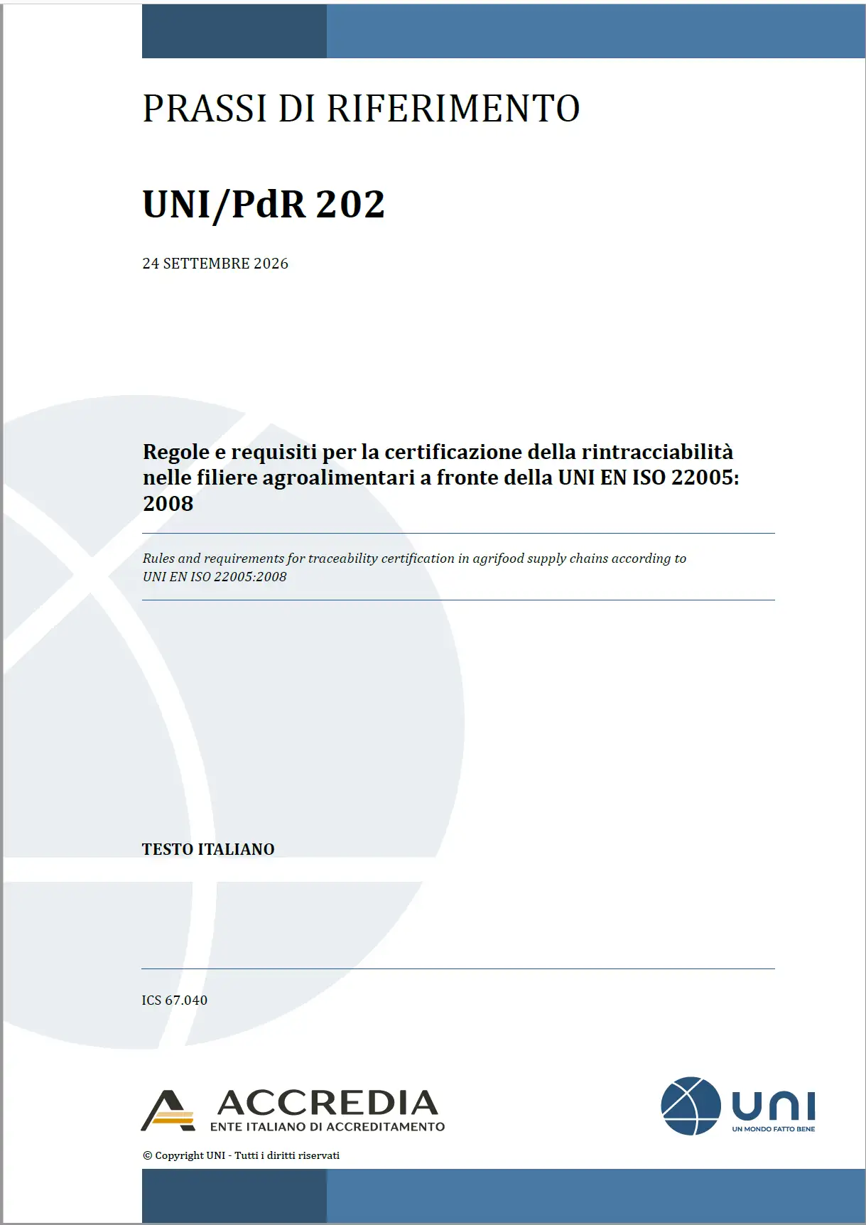 UNI/PdR 202:2026 / Certificazione rintracciabilità nelle filiere agroalimentari